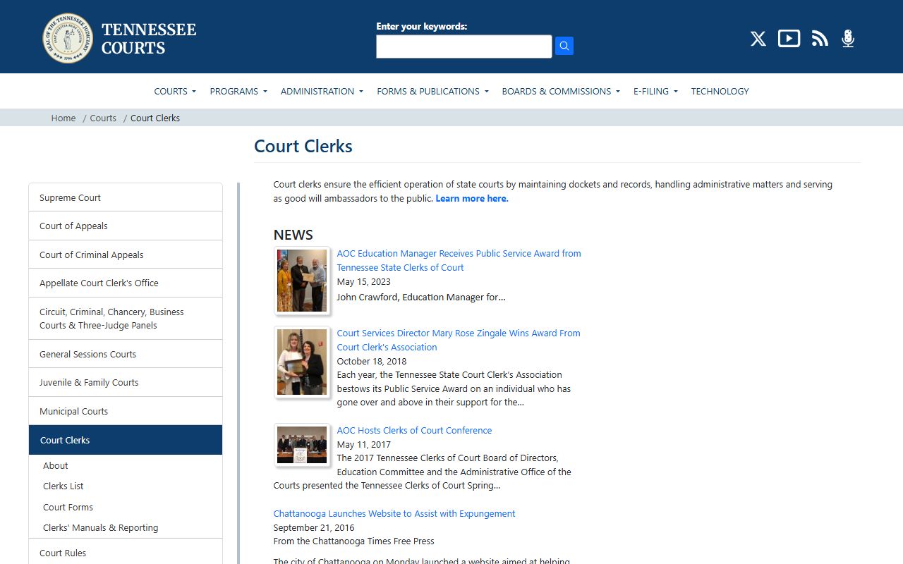 Tennessee Civil Court Records clerk directory from the Administrative Office of the Courts