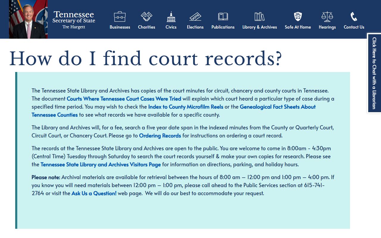 Historical Tennessee Civil Court Records research through the Tennessee State Library and Archives